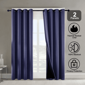 Polyester Grommets Thermal Insulated With Coated Lining 52 In. W X 84 In. L Indoor Blackout Curtains 3 Colors Available,Set Of 2 (Option: Dark Blue)