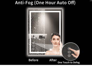 This tempered glass bathroom mirror with anti-fog and anti-break features offers a rectangular frame for wall-mounted use. Featuring a metal fram (S1R12176UL48"x30": S1R13991UL55"x36")