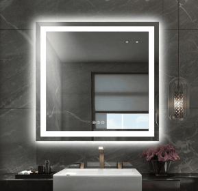 This tempered glass bathroom mirror with anti-fog and anti-break features offers a rectangular frame for wall-mounted use. Featuring a metal fram (S1R12176UL48"x30": S1R15070UL60"x28")