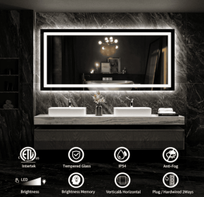 This tempered glass bathroom mirror with anti-fog and anti-break features offers a rectangular frame for wall-mounted use. Featuring a metal fram (S1R12176UL48"x30": S1R12176UL48"x32")