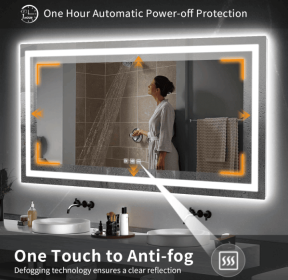 This tempered glass bathroom mirror with anti-fog and anti-break features offers a rectangular frame for wall-mounted use. Featuring a metal fram (S1R12176UL48"x30": S1R213100UL84"x40")