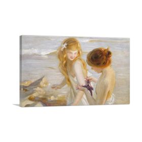 Two Young Girls Looking at Starfish (Type: Standard Framed Canvas Print, size: 40" x 26" / 100cm x 65cm (approx))