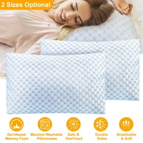 Cooling Memory Foam Pillow Ventilated Soft Bed Pillow W/ Cooling Gel Infused Memory Foam 2Pcs Queen Size (Option: 2PcsQueen)