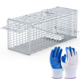 1Pc Live Animal Trap Cage 37x14x15in Folding Catch And Release Humane Cat Trap Galvanized Iron For Raccoons Foxes Coyotes Stray Dogs Armadillos S (Option: Silver)